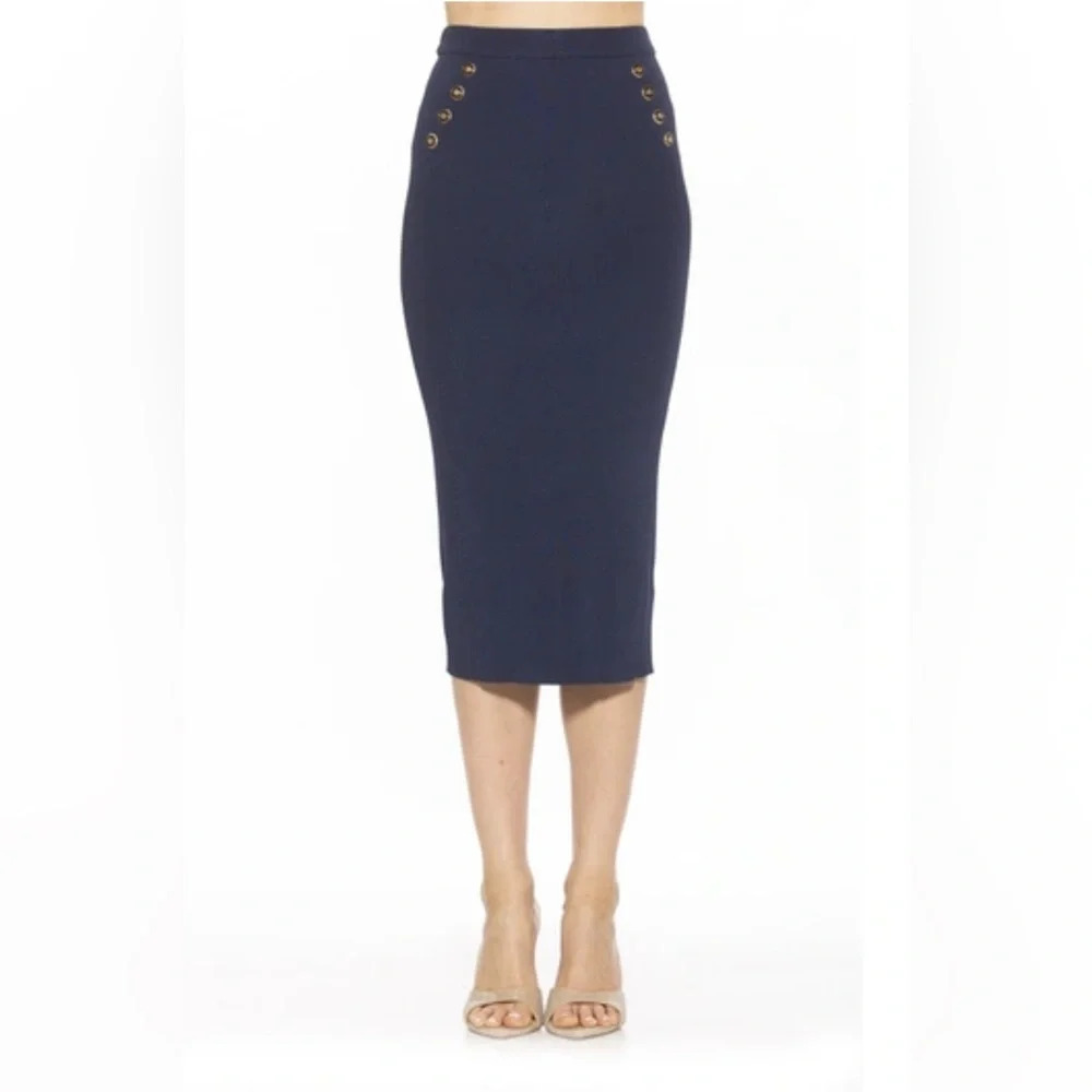 NWT Alexia Admor Ribbed Knit Jersey Midi Skirt Size L Navy Blue Nautical Office